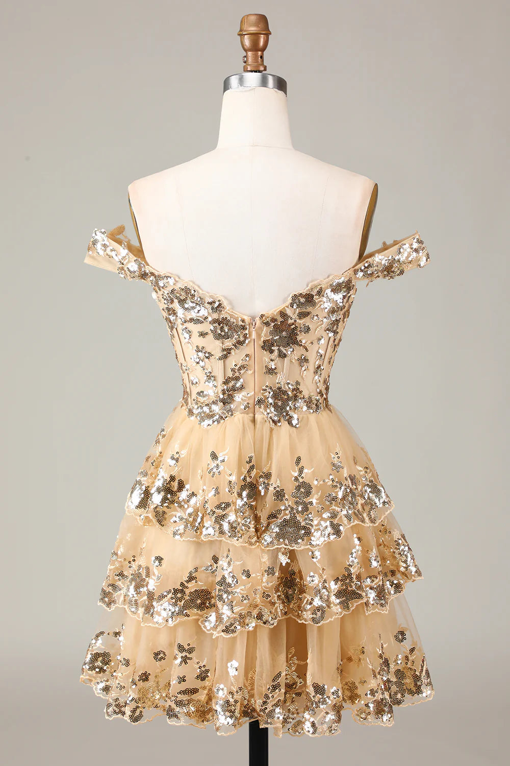 A-line short lace and sequin homecoming dress, side view.