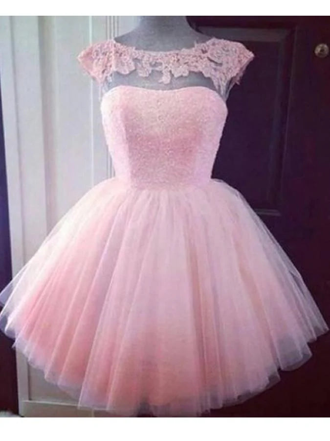 Elegant short A-line V-neck lace dress for prom or homecoming.