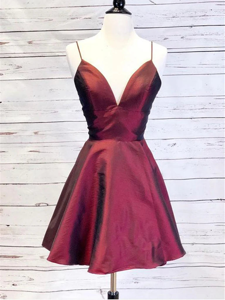 Model wearing an elegant A-line V-neck short dress.