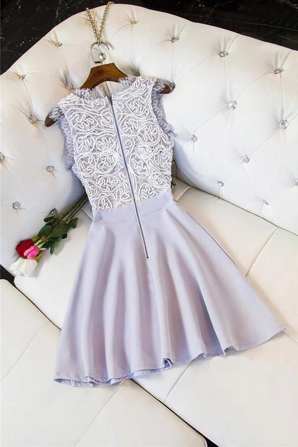 Model showcasing the elegant A-line V-neck short satin party dress.