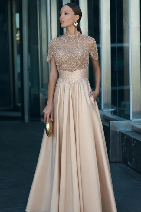 Side view of the dark green A-line evening gown, highlighting the flowing skirt.