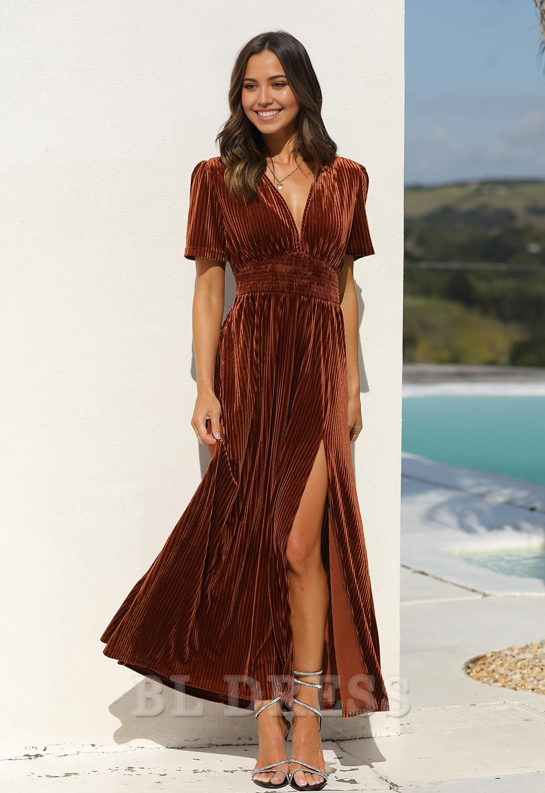 Side view of the A-line V-neck short sleeve dress, highlighting its silhouette.