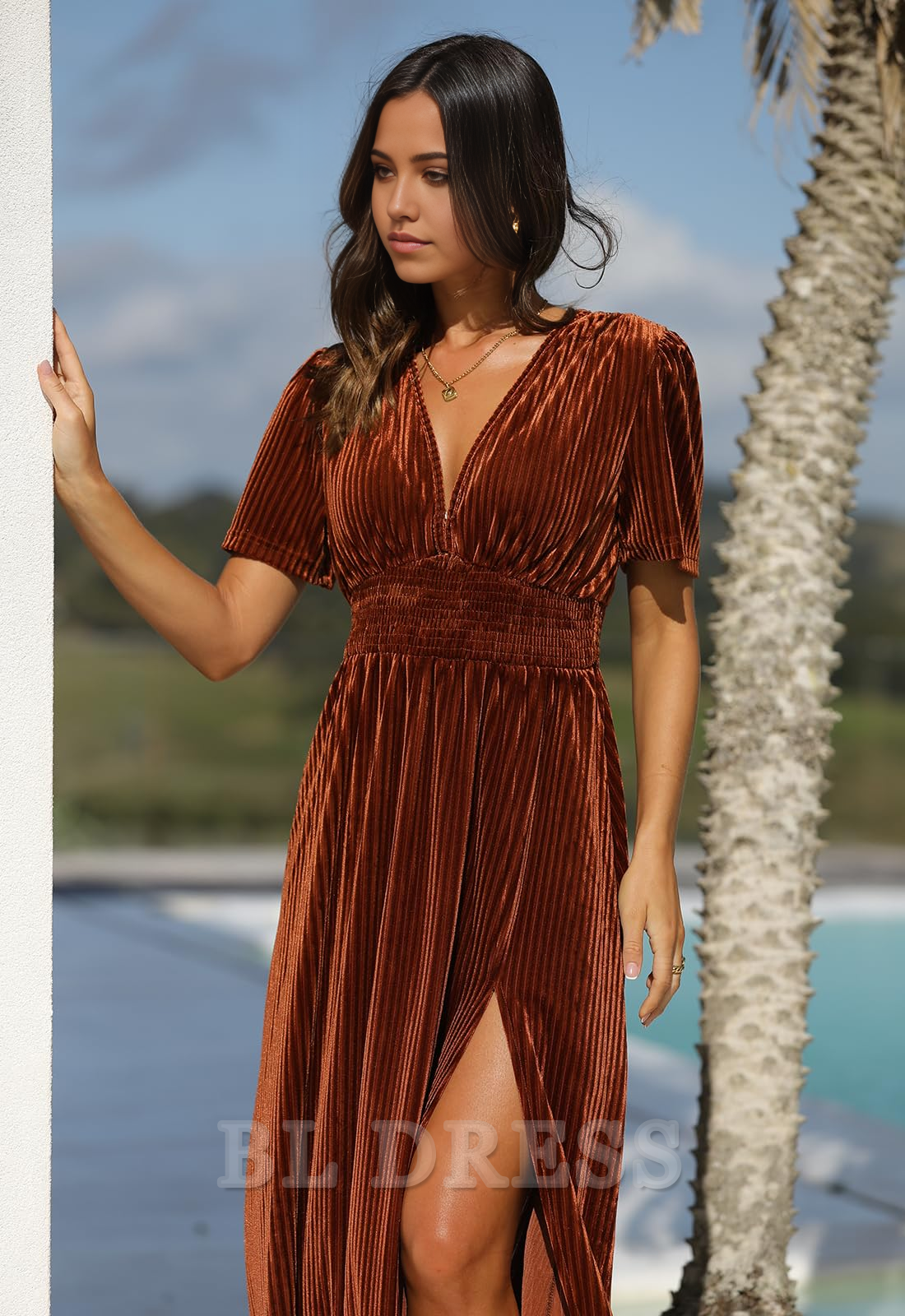 Back view of the A-line V-neck short sleeve dress, showing the flowing skirt.