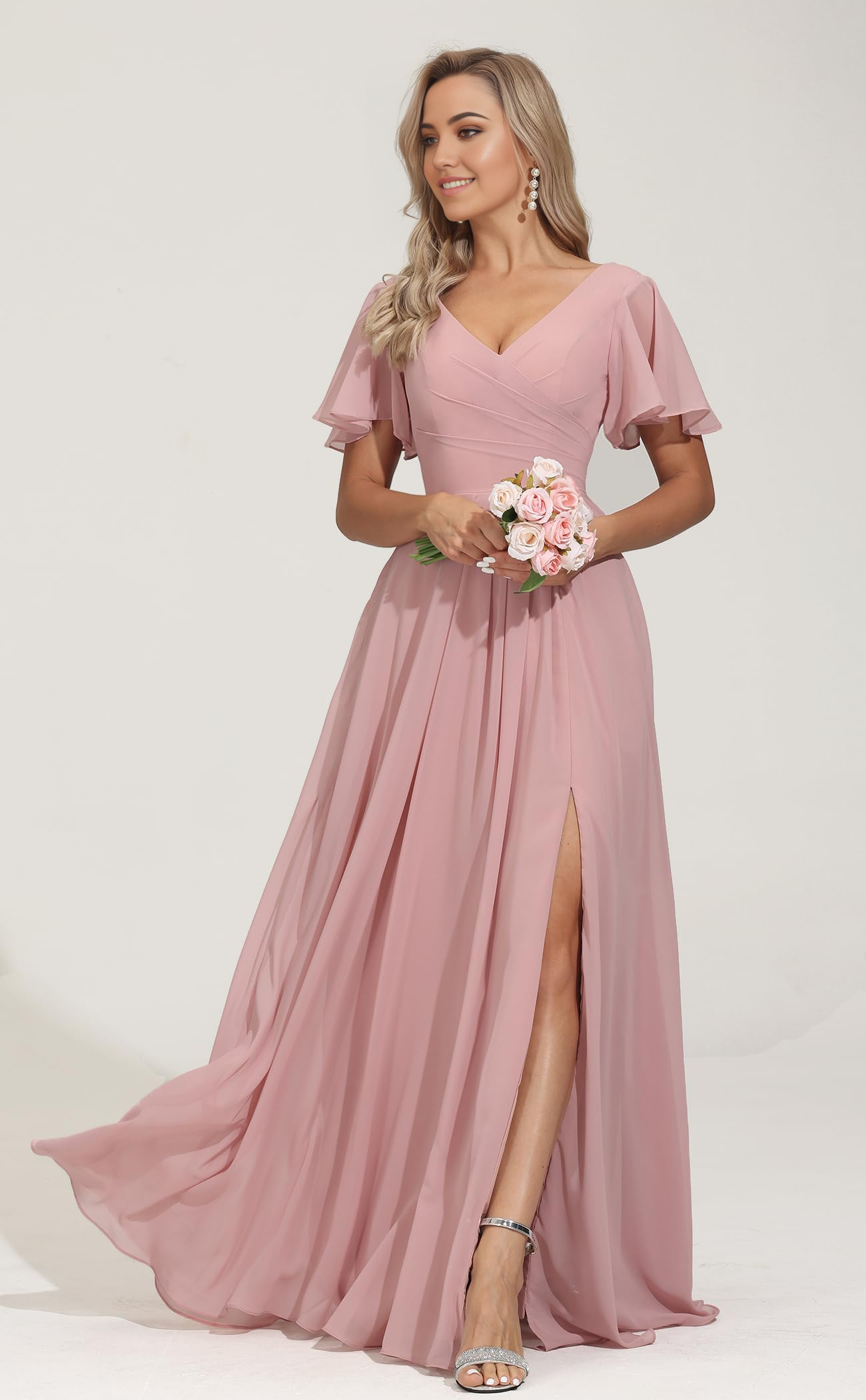 Elegant A-line V-neck chiffon bridesmaid dress with short sleeves and a front slit.