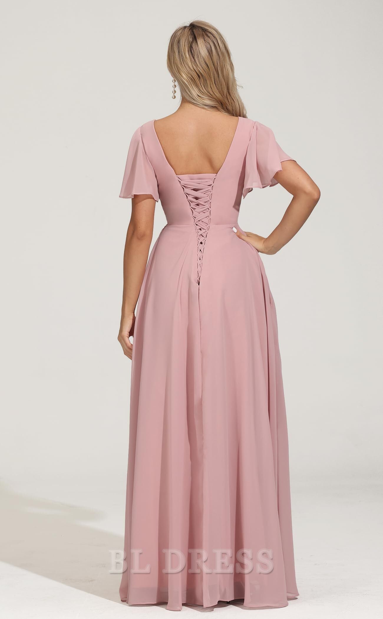 Back view of the pleated A-line chiffon formal dress.