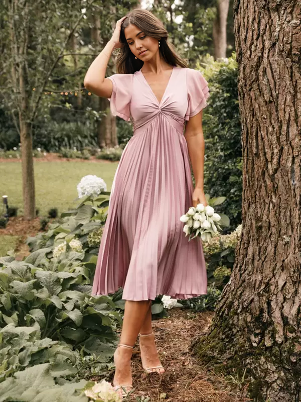 Model wearing an elegant A-line V-neck short sleeve satin bridesmaid dress.