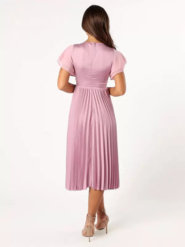 Back view of the A-line V-neck satin dress with zipper closure.