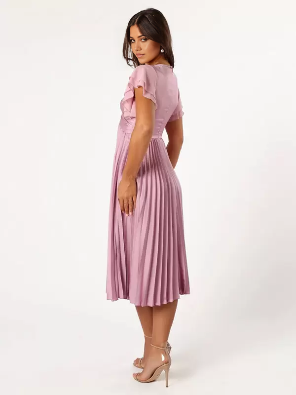 Side profile of the A-line V-neck satin party dress.