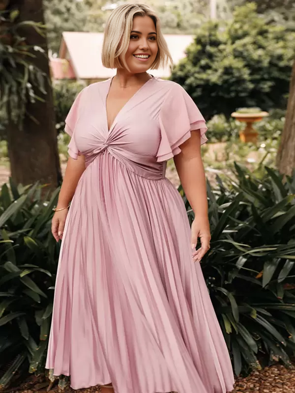 Close-up of the satin fabric and V-neckline on the short bridesmaid dress.