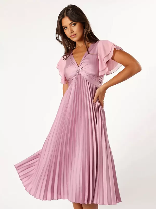 Model posing in the A-line V-neck short sleeve evening gown.