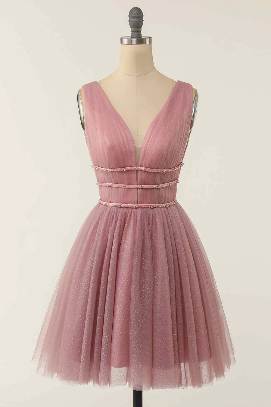 Elegant A-line V-neck sleeveless homecoming dress with beaded details.