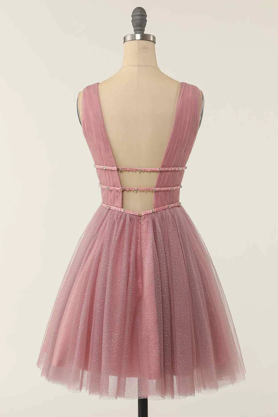 Back view of the A-line V-neck sleeveless beaded dress.