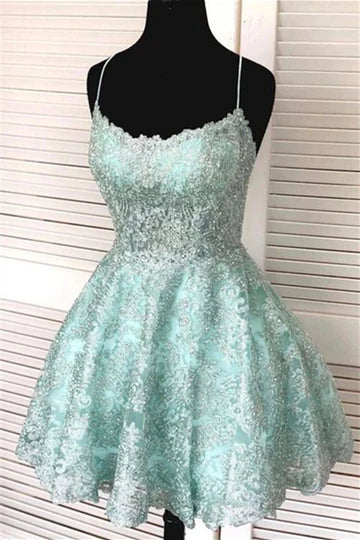 Elegant A-line V-neck sleeveless dress with lace and open back detail.