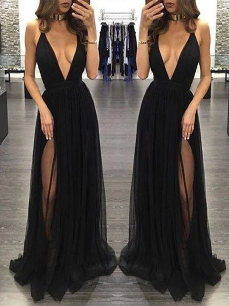 Elegant A-line V-neck sleeveless maxi dress for formal occasions.