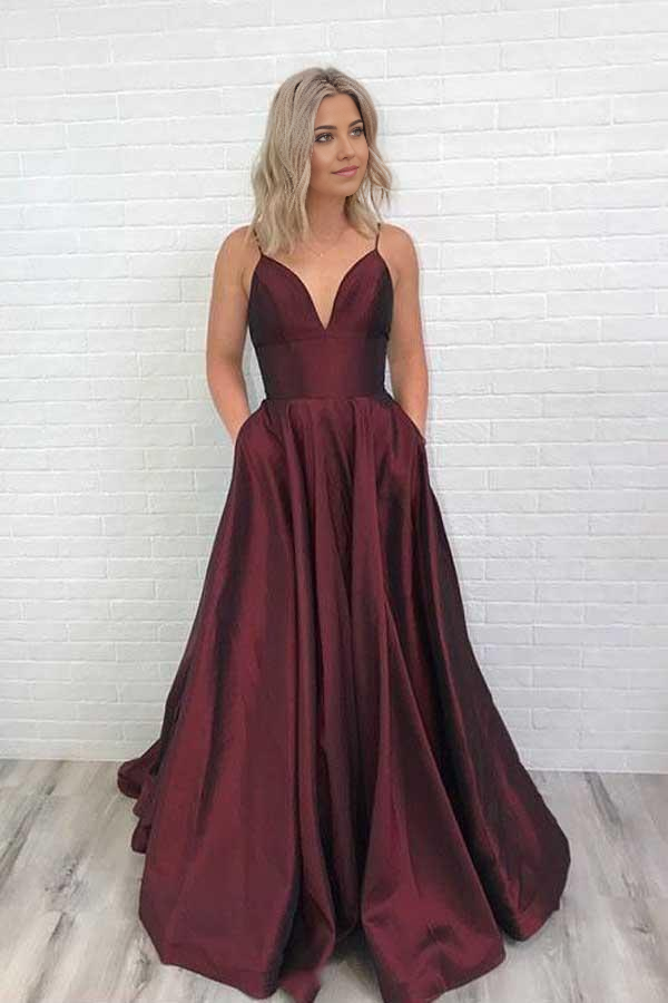 Elegant A-line V-neck satin prom dress in burgundy.