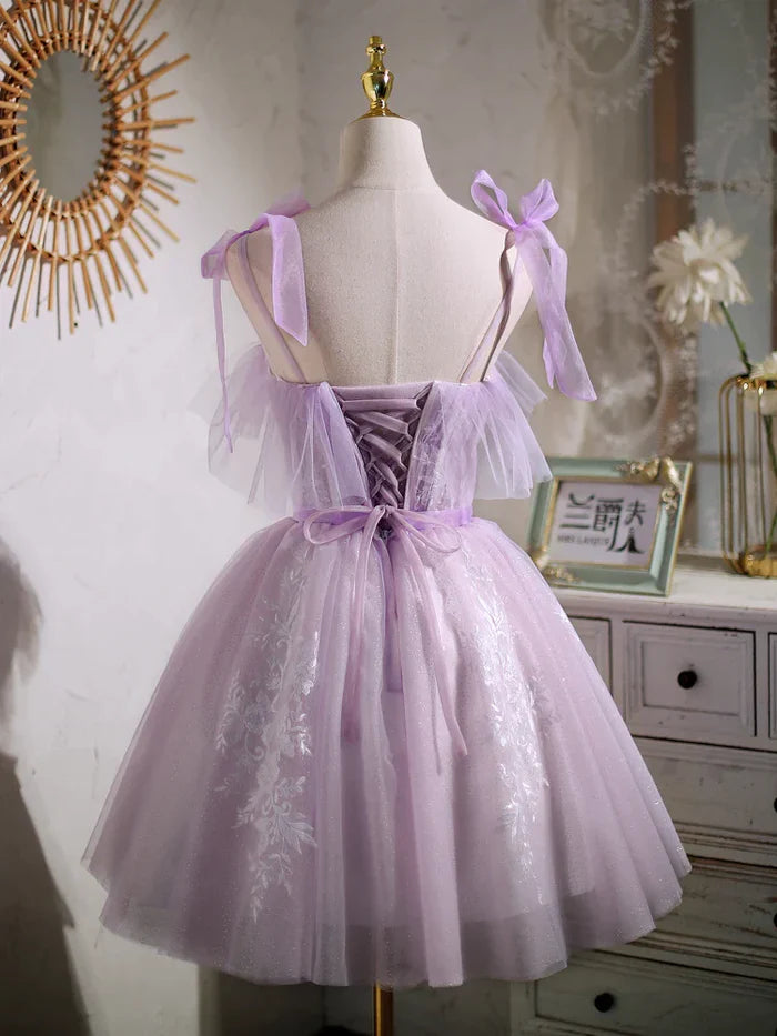 Front view of an A-line V-neck short party dress.