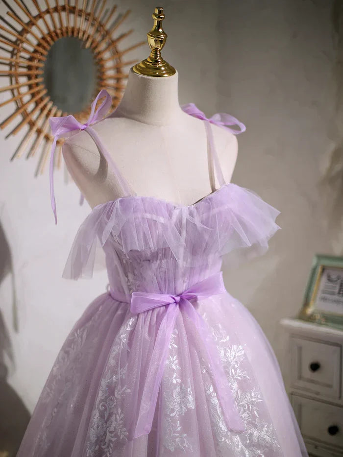 Side view of an A-line short homecoming dress.