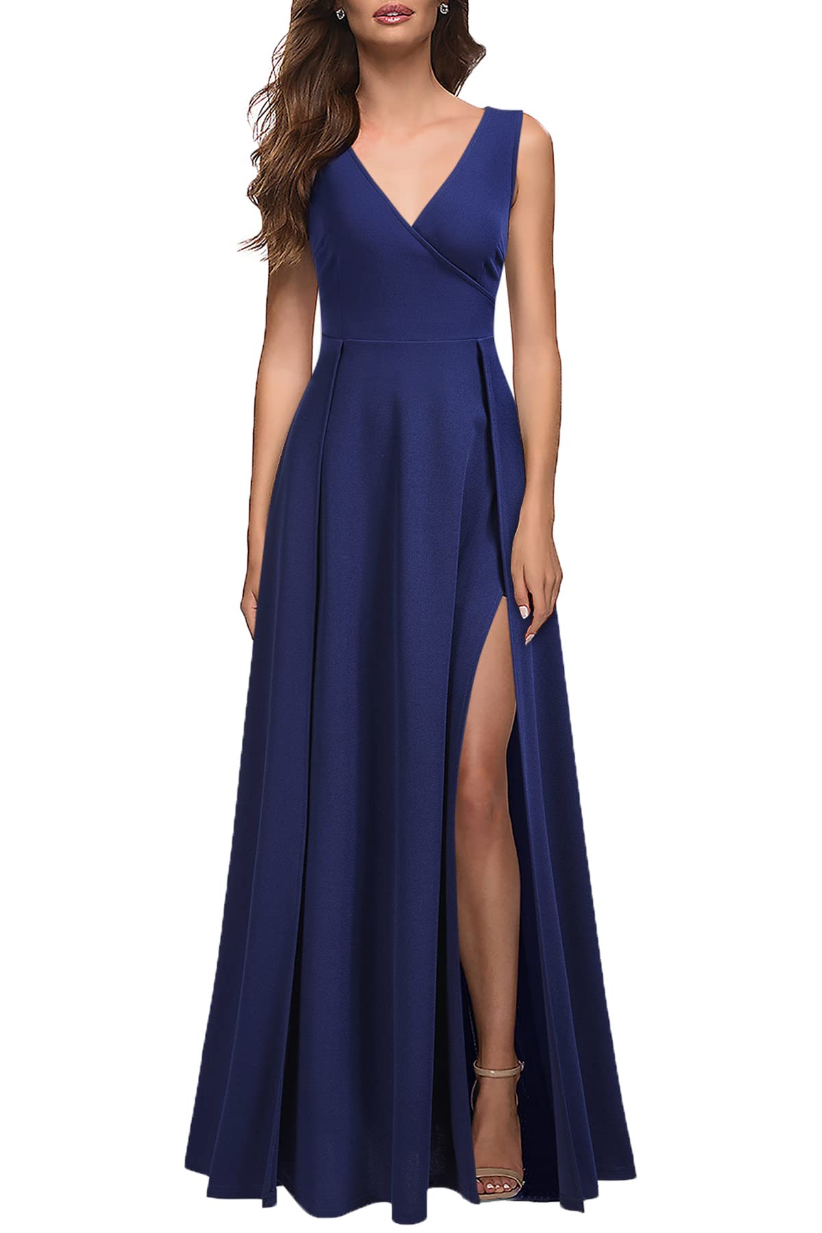 Model wearing an elegant A-line V-neck sleeveless formal dress with a front split.