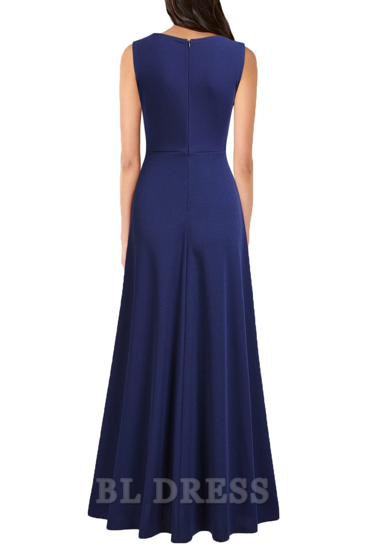 Back view of the A-line V-neck sleeveless formal dress showing the flowing skirt.