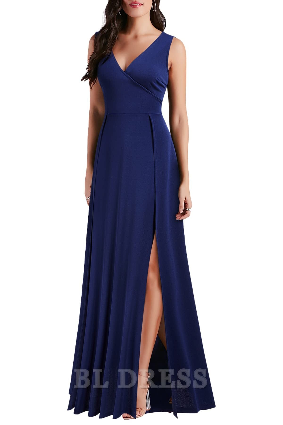 Side view of the A-line V-neck sleeveless formal dress highlighting the split detail.