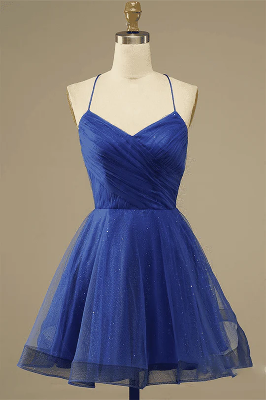 A-line tulle homecoming dress with surplice V-neck and lace-up back.