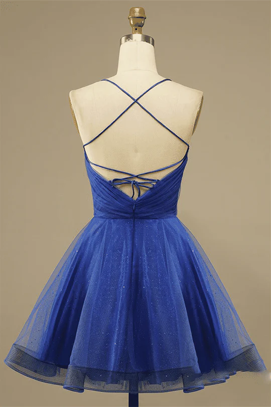 Back view of the A-line tulle dress showing the lace-up detail.