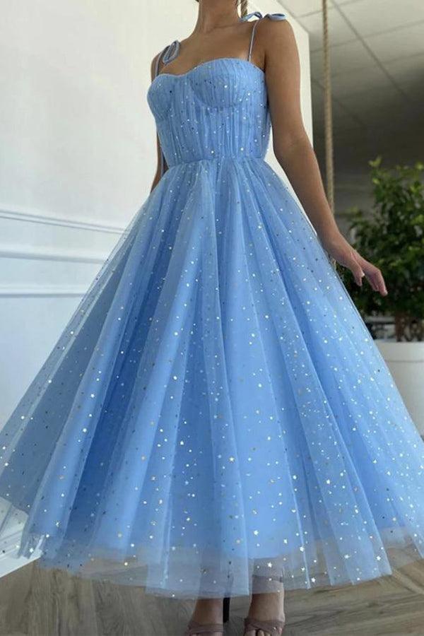 Blue A-line tulle sequin tea length prom dress.
