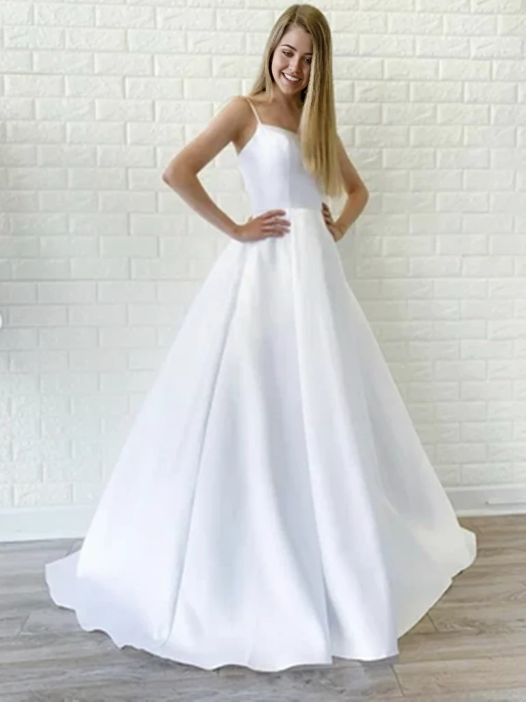 Elegant A-line white satin long dress with V-neckline.