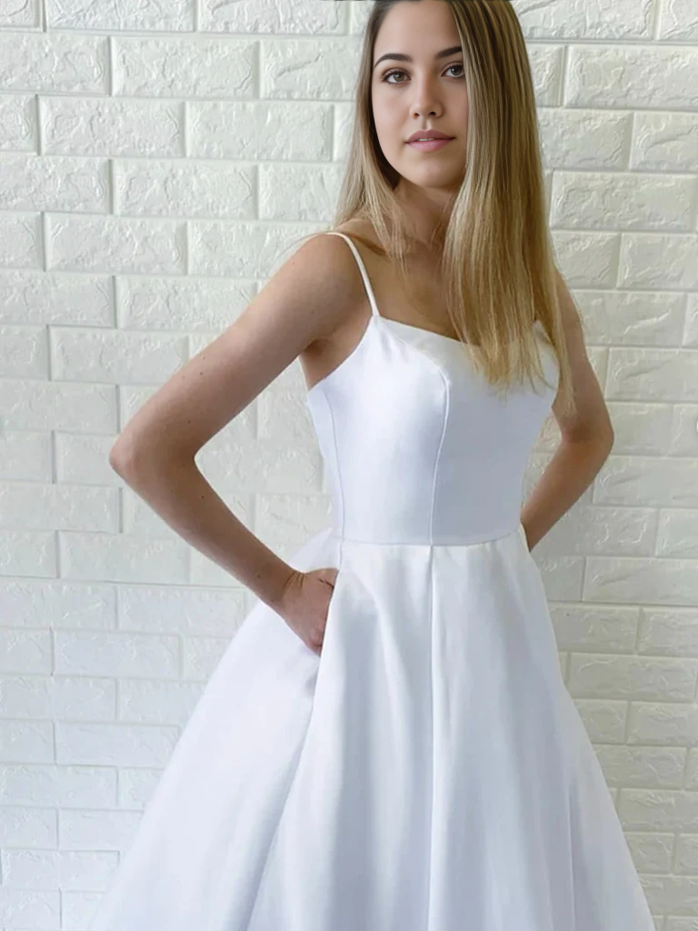 Side view of A-line white satin long dress.