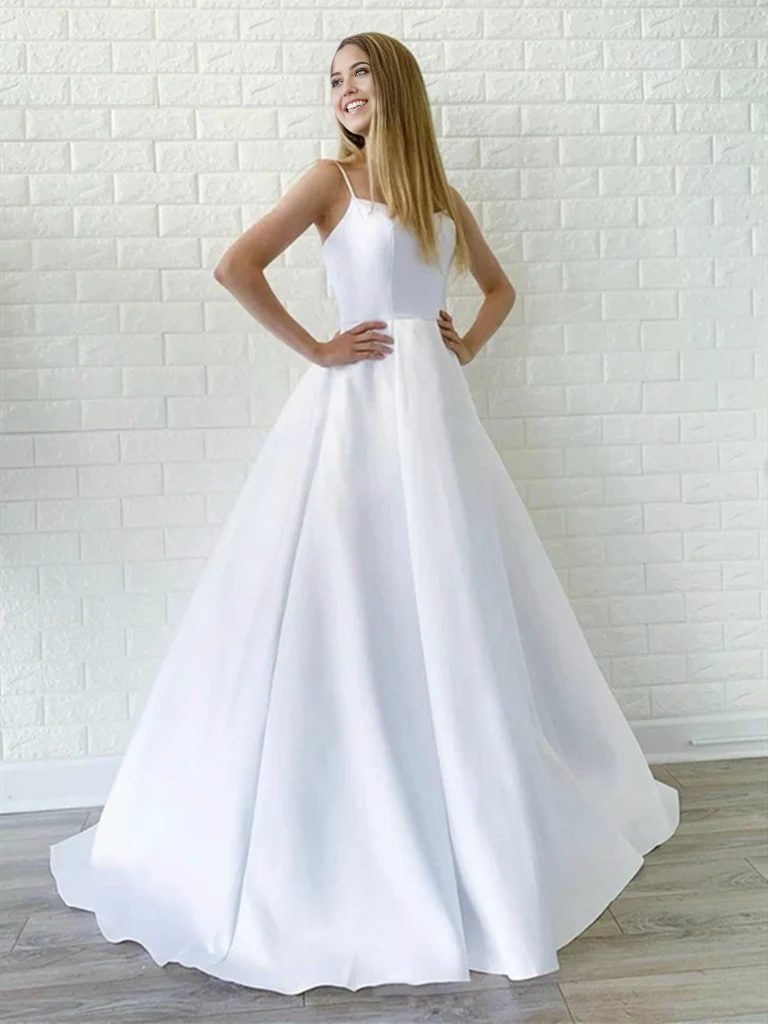 Back view of A-line white satin long dress.