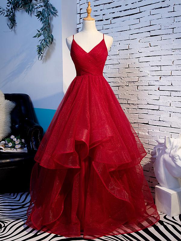 Elegant A-line V-neck prom dress in wine red.