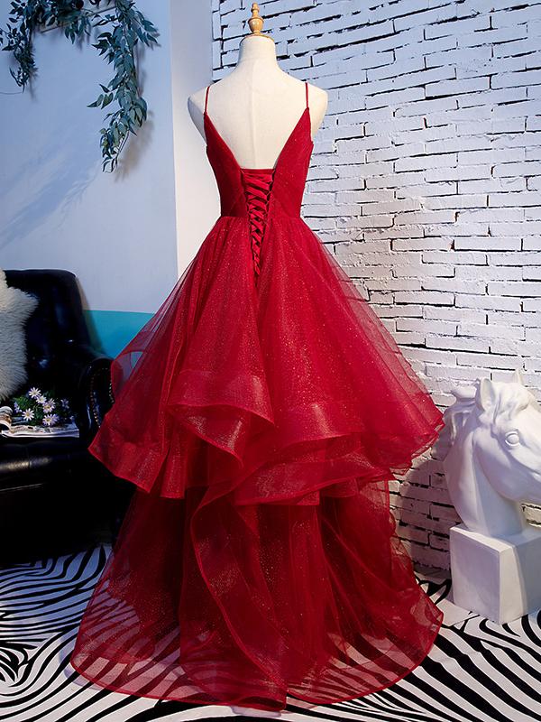 Full view of a wine red formal evening gown with A-line silhouette.