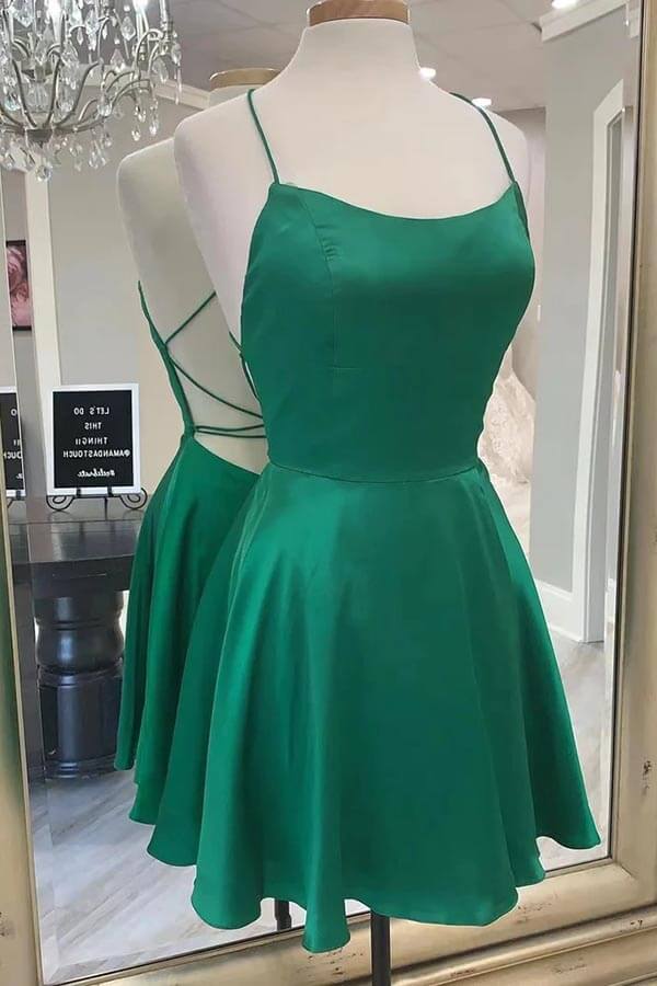A-line short satin homecoming dress with spaghetti straps and V-neck.