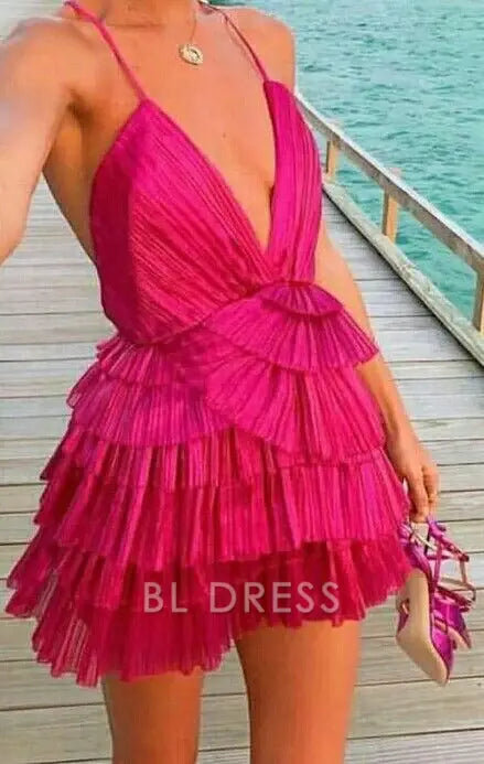 Elegant A-line V-neck dress with spaghetti straps, suitable for formal events.