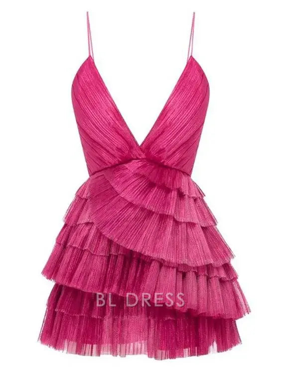 A-line formal dress featuring spaghetti straps and a V-neckline.