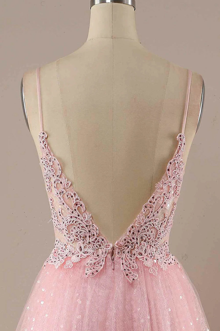 Side view of the elegant A-line long prom dress with V-neckline.
