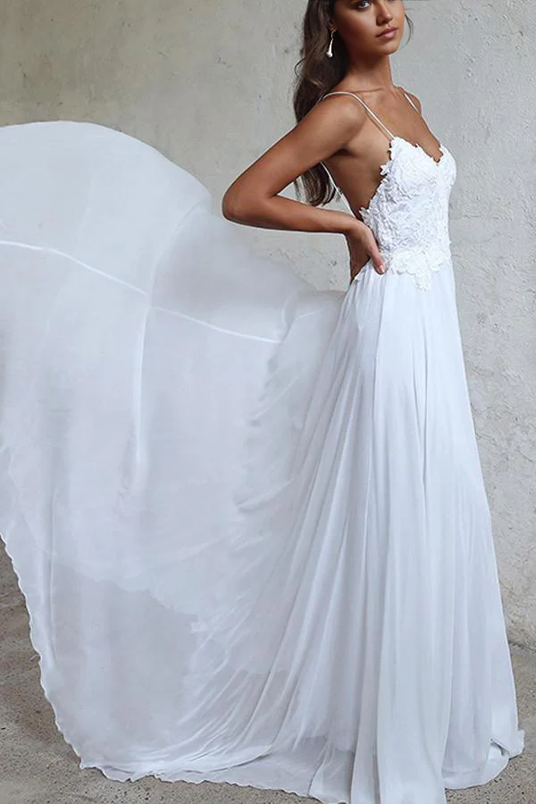 White V-neck A-line wedding gown with flowing chiffon fabric.