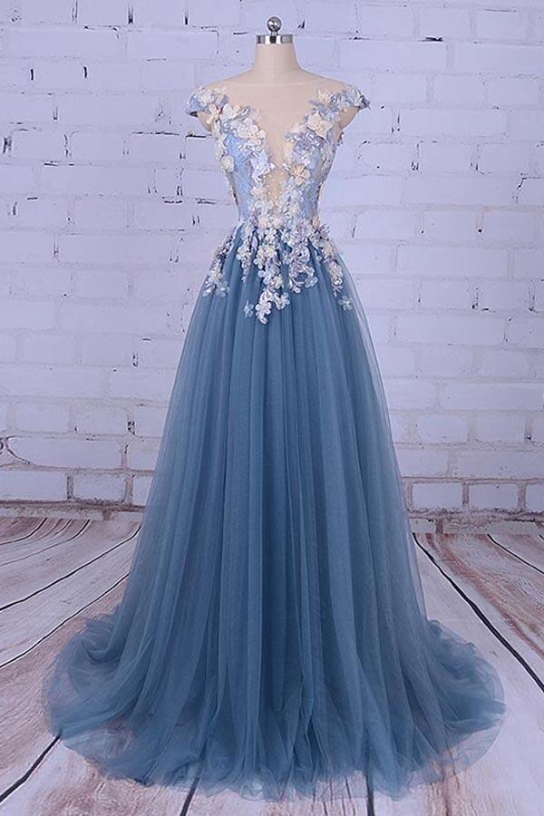 Elegant A-line V-neck long prom gown with sweep train.