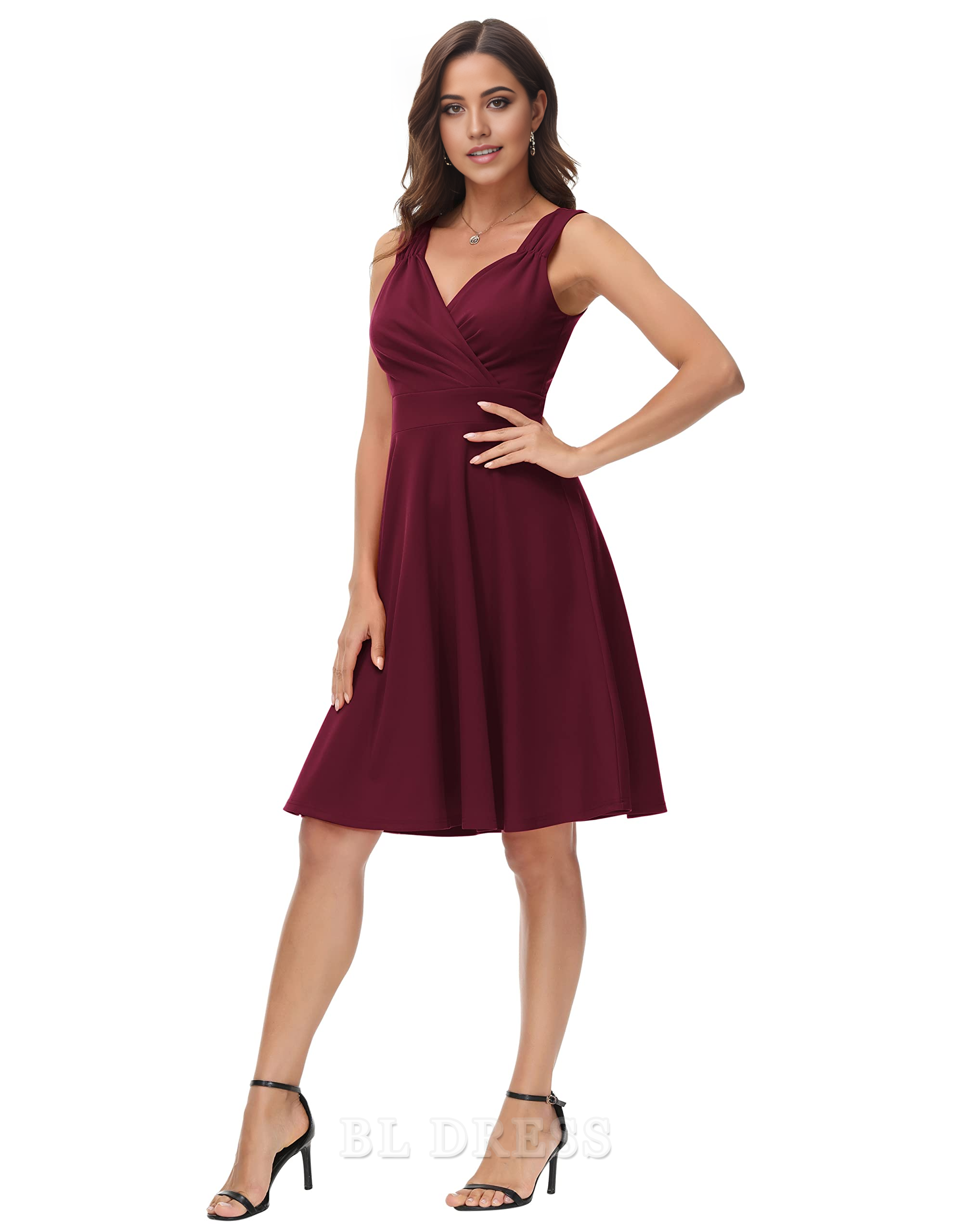 Full view of the A-line V-neck tea length formal dress.