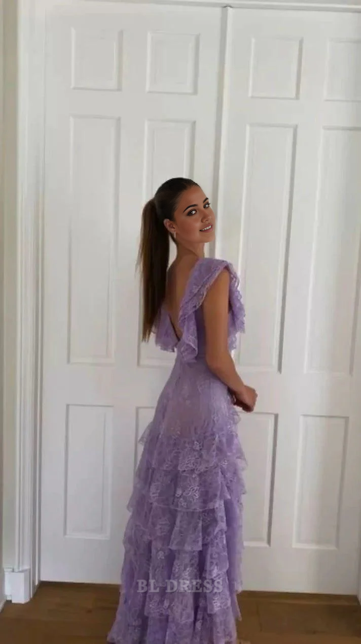 Elegant lilac A-line formal dress with V-neck and tiered lace.