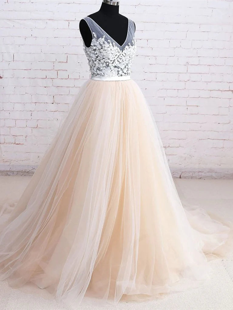 Elegant A-line V-neck tulle floral ball gown.