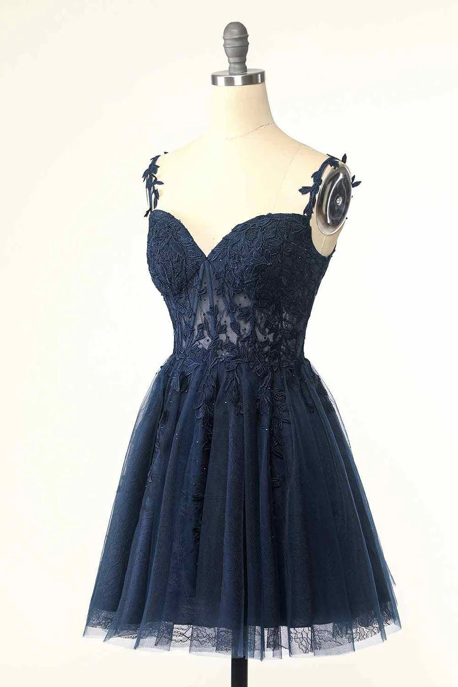 Back view of the A-line tulle homecoming dress, highlighting the flower straps.