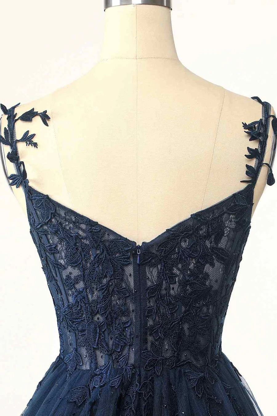 Full length view of the A-line tulle dress, showcasing its flowy skirt.
