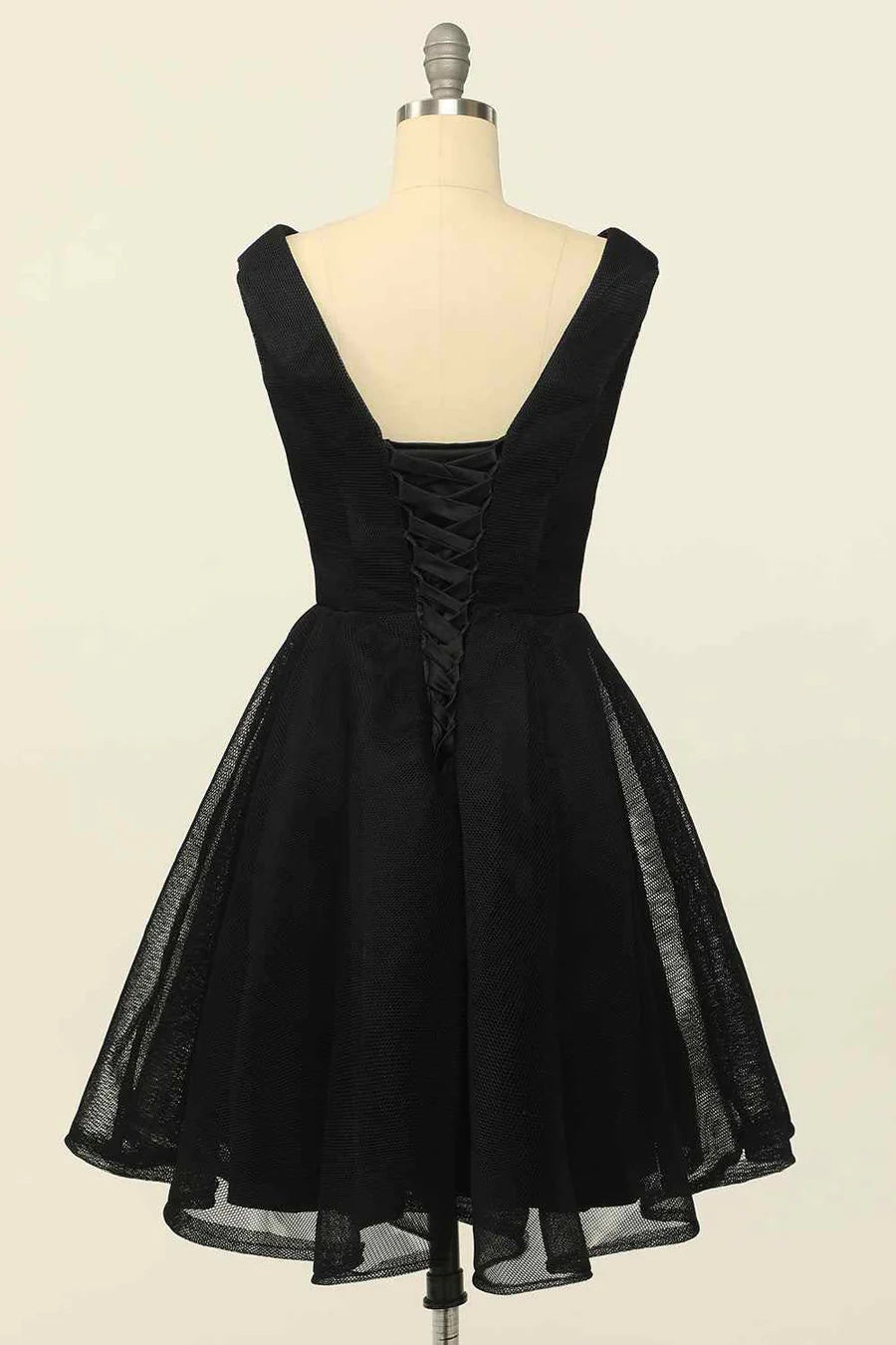 Back view of the A-line V-neck tulle homecoming dress, showing lace-up detail.