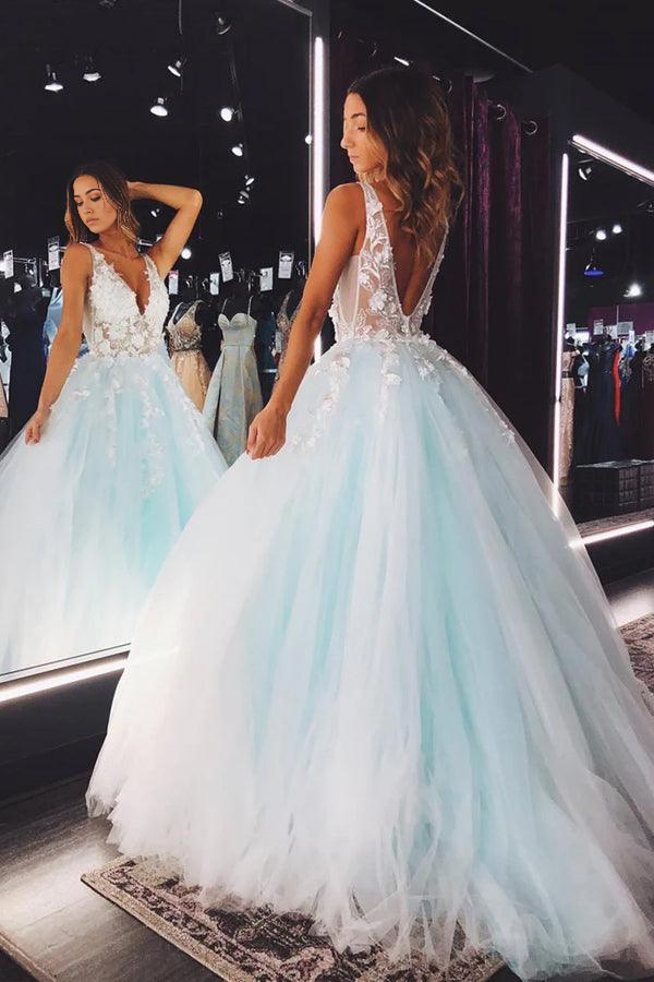 Full view of the A-line V-neck tulle lace floral formal gown.