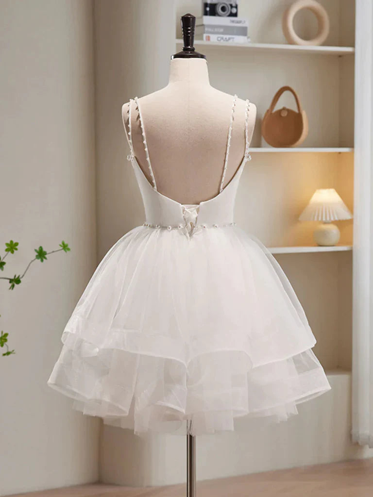 Back view of the A-line V-neck short tulle dress.