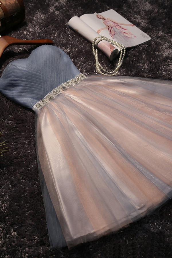 A-line V-neck short tulle dress for homecoming or prom.