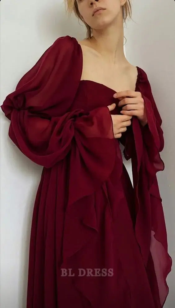 Woman wearing a burgundy A-line V-neck formal dress, showcasing the elegant silhouette.