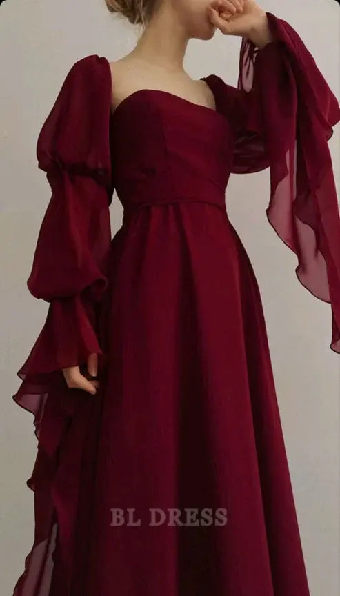 Burgundy A-line V-neck dress with a romantic vintage style, perfect for evening events.