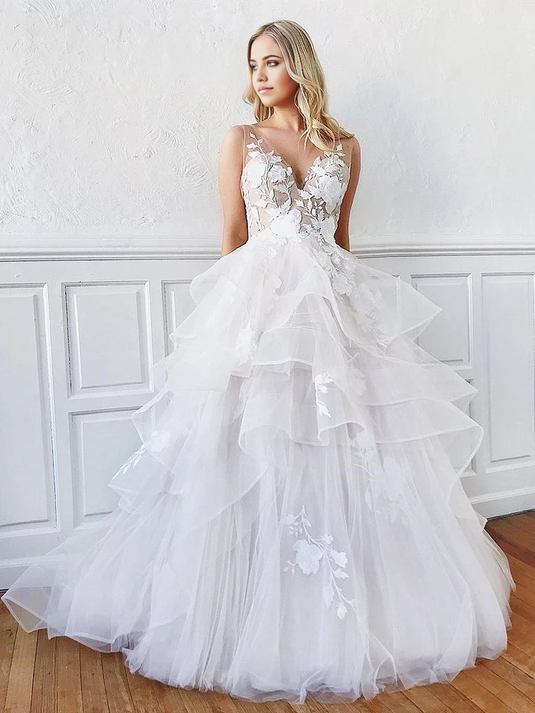 Elegant A-line V-neck white lace floral backless wedding dress.